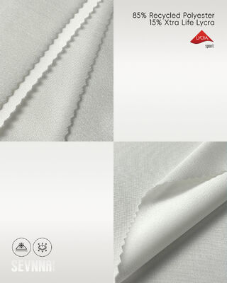 Tecido Lycra de alongamento com 85% de poliéster reciclado, proteção UV e absorção de umidade para roupas de atividade e roupas de banho